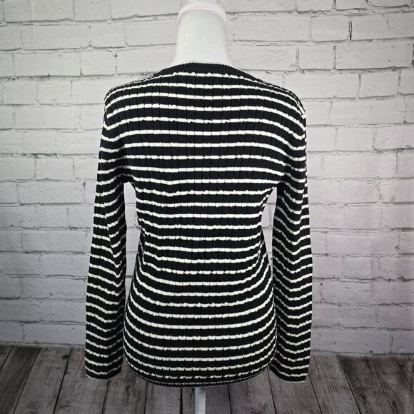 LIZ CLAIBORNE CREW NECK RIBBED STRIPPED SWEATER BLACK AND WHITE WOMENS LARGE - Picture 3 of 8